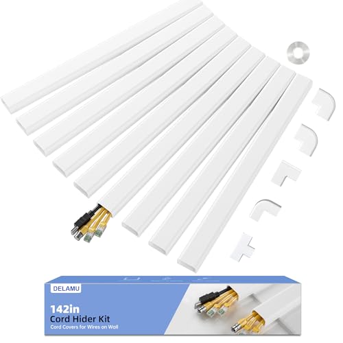 Delamu Large 142in Cord Hider for 3-4 Cords, Cord Covers for Wires on Wall, Easier Install Wire Covers for Cords on Wall, Cable Wire Hider, Cable Cover Management Raceway, W1.18 H0.63in, White - color: White, size: 142in L X 1.18in W X 0.63in H