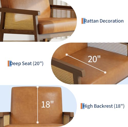 Garvee PU Leather Accent Chair, Rattan Armchair with Wooden Frame, High Back, Upholstered Reading Chair Leisure Chairs for Living Room Bedroom Waiting Room Reception, Brown - color: Pu Leather, Brown