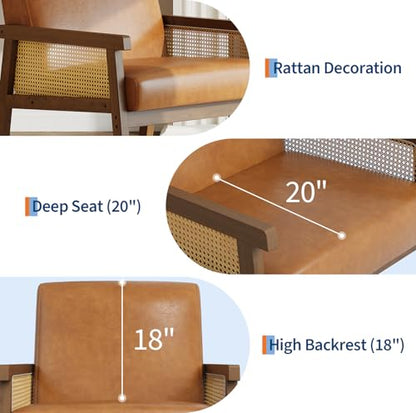 Garvee PU Leather Accent Chair, Rattan Armchair with Wooden Frame, High Back, Upholstered Reading Chair Leisure Chairs for Living Room Bedroom Waiting Room Reception, Brown - color: Pu Leather, Brown