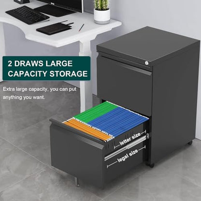 2 Drawer Mobile File Cabinet with Lock,Rolling File Cabinet, Under Desk Mobile Filing Cabinet,File Cabinets for Home Office,Storage 2 Drawer Mobil Filing Cabinet for A4/Legal/Letter,Balck - color: Black, style: 2A