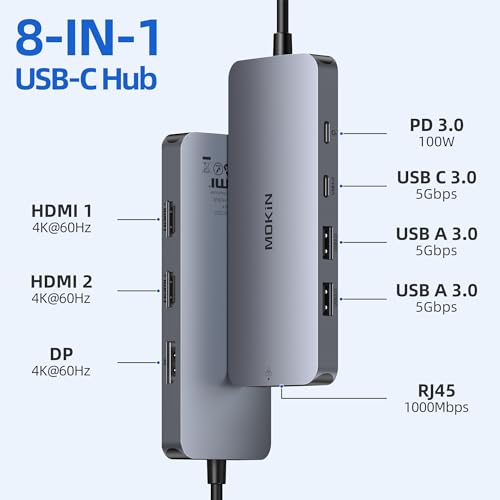 USB C Docking Station 3 Monitors, MOKiN USB C Docking Station with 2 HDMI, 4K DisplayPort, 1Gbps Ethernet, 100W PD Charging, 3 USB A/C 3.0, Multiport Adapter for Dell/HP/Lenovo/Surface