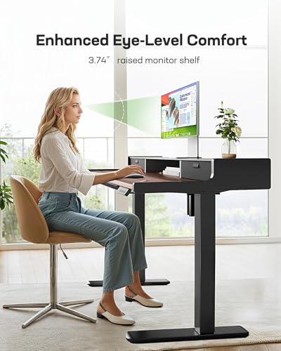 Marsail Electric Standing Desk with Drawers, 48 x 24 Inch Stand Up Desk with Glass Monitor Stand, Height Adjustable Desk with Drawers for Home & Office, 4 Preset Heights, Black Walnut