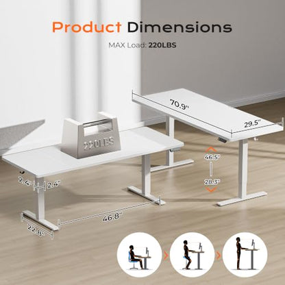 Huuger 71 x 30 Large Electric Standing Desk, Height Adjustable Computer Desk, 29.5" Deep Desktop, Stand up Gaming Office Table with 2 Hooks, 3 Preset Heights, for Home Office, White - color: White, size: 71*30 inch (no outlets)