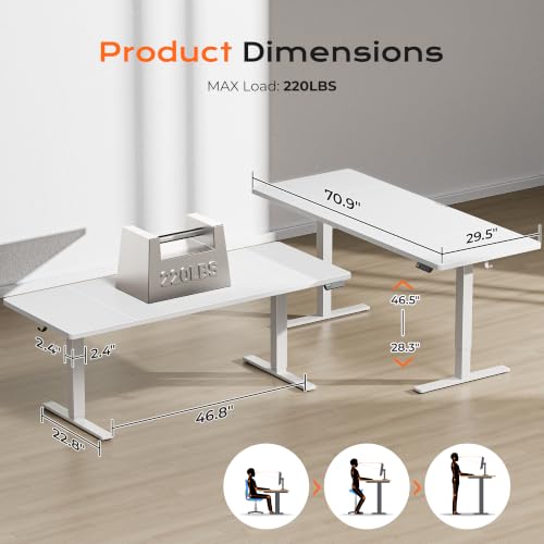 Huuger 71 x 30 Large Electric Standing Desk, Height Adjustable Computer Desk, 29.5" Deep Desktop, Stand up Gaming Office Table with 2 Hooks, 3 Preset Heights, for Home Office, White - color: White, size: 71*30 inch (no outlets)