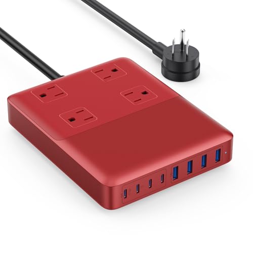 12-in-1 Charging Station USB C Power Strip with 5ft Cord,200W GaN IV USB C Charger Block,4 AC Outlets,8 USB for MacBook,iPhone 16/15/14,Fast Charging Desktop Charger for Office (Red) - color: A-Red