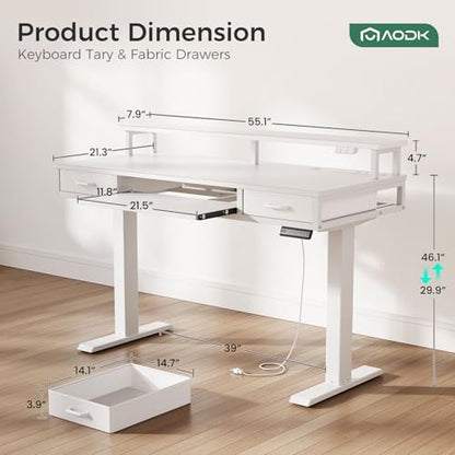 AODK 55 Inch Electric Standing Desk with Drawers & Keyboard Tray, White - color: White, size: 55 Inch
