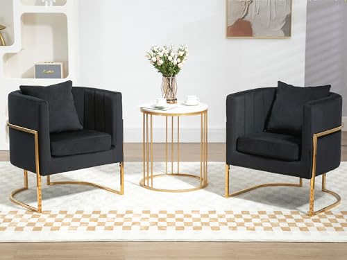 Velvet Accent Barrel Chairs Set of 2, Modern Arm Club Chair Set with Pillow for Living Room/Bedroom/Guest Reception, Channel Tufted, Gold Finish Base, Black - color: Black, size: 2 PCS