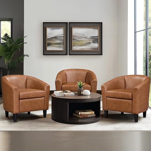Topeakmart Faux Leather Accent Chair Set of 2, 300 lb Cap, Brown | Set of 2 PU Leather Barrel Chairs, U-shaped Backrest, Foam Seat, 18" Seat Height, Solid Wood Legs - color: Brown, size: Set of 2
