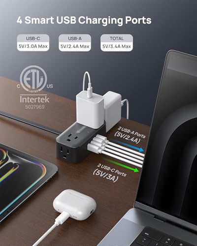 TROND 360° Rotating Flat Plug Power Strip 3ft, 4 Widely AC Outlets, Black - color: Black, size: 3FT