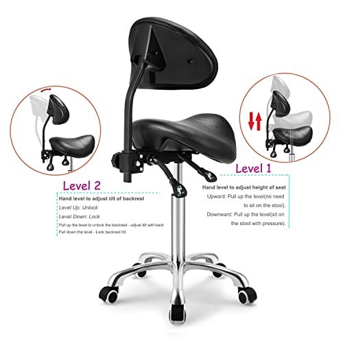 Kaleurrier Saddle Stool with Back Support,Rolling Saddle Chair for Salon - color: Black, style: With Back