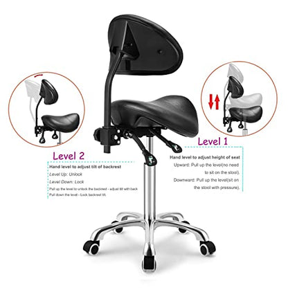 Kaleurrier Saddle Stool with Back Support,Rolling Saddle Chair for Salon - color: Black, style: With Back