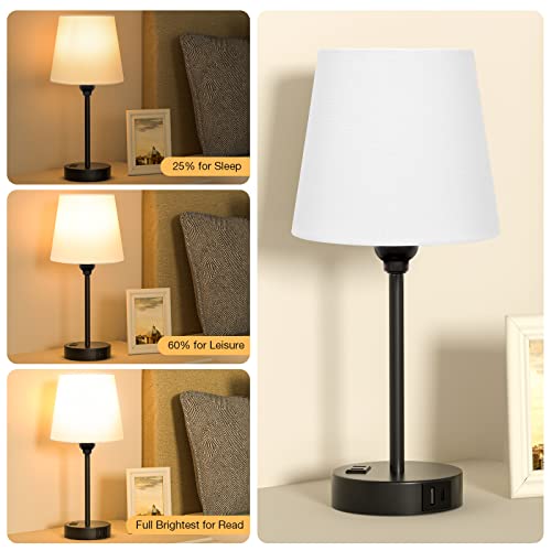 White Bedside Lamps Set 2 for Bedroom - Dimmable Touch, USB C+A, AC Outlet | 14.5" Mini Lamp, 3-Way Dimmable, LED Bulbs Included, White Barrel Fabric Lampshade, Nightstand Light for Guest Room, Kids - color: White