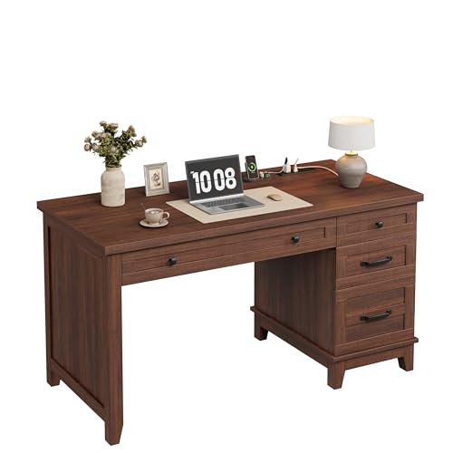 GarveeHome Executive Desk with Drawers, Farmhouse Home Office Desk with Charging Station, 53.54 in Wooden Computer Desk with File Cabinet Storage for Work Study Writing,Walunt Brown - color: Walunt Brown