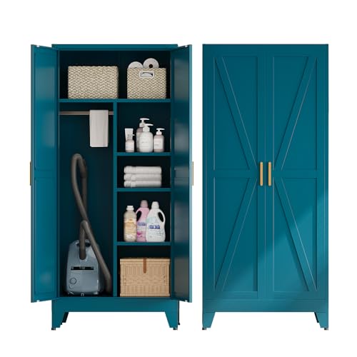 71" Metal Storage Cabinet, Tall Utility Closet Cabinet with Hanging Rod, Farmhouse Metal Broom Closet for Laundry Room Garage, Steel Wardrobe Cabinets for Bedroom - color: Blue, size: 71"H-17.7"D