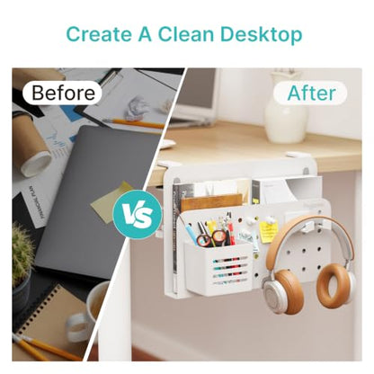 PEGZONE Desk Side Storage Organizer, Fits Flat Edge 0.4" to 2.2", White | No Drill Under Desk Laptop Holder, Clamp on Desks Shelf with Pegboard Accessories, Hanging Laptop Mount - color: White