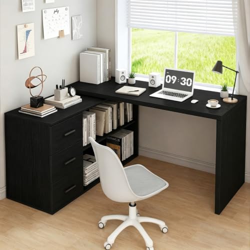 HSH Black L Shaped Computer Corner Desk with 3 Storage Drawers 60 inch | Reversible Home Office Corner Desk with 2 Open Side Shelves Modern Wood Executive L Desks for Bedroom,Study Workstation - color: Black Oak, size: 60 Inch