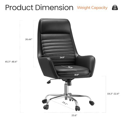 COLAMY Ellis High-Back Home Office Desk Chair, Leather Executive Chair with Integrated Armrests, Black - color: Black