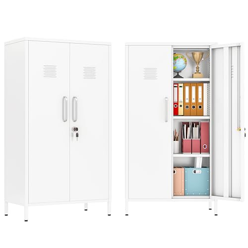 PAOFIN 47" Metal Storage Locker, Lockable Employees Metal Locker with 2 Door and Adjustable Shelves, Steel Locker for Home, School, Office, Gym (White) - color: White, size: 2 door-47"