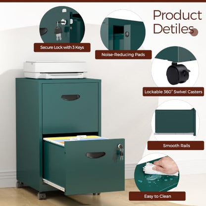 Metal 2 Drawer File Cabinet with Lock & Wheels for Office, Green | Small Mobile File Cabinets for Home Office, Under Desk Vertical Rolling File Cabinet Fit Hanging Files, Letter & A4 Documents - color: Green, style: 2 Drawers Mobile File Cabinet