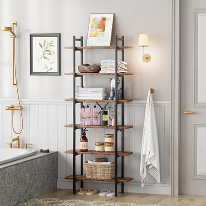 6 Tiers Bookshelf Organizer Industrial Tall Shelving, Modern Open Bookcase - color: Rustic Brown, size: 6-Tiers