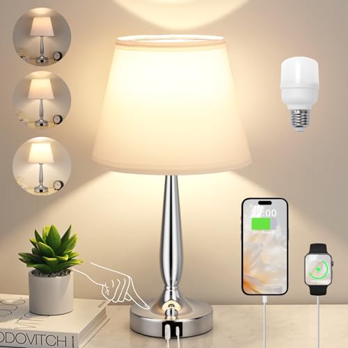 Kakanuo Touch Table Lamp for Bedroom, Small Bedside Lamp with USB C Charging Port, 3 Way Dimmable Touch Control Nightstand Lamp for Living Room and Office, White Shade and Silver Base - color: White Shade+Silver Base, size: 1 Pack