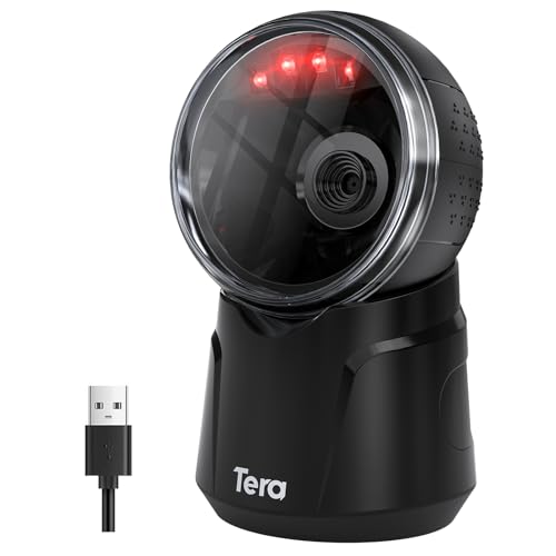 Tera Barcode Scanner Desktop Omnidirectional: 2D USB Adjustable Head 9000 | 360° Scan, Handsfree, Plug & Play, Read 1D 2D QR Screen Paper Codes, Continuous Sensor Modes, Inventory Retail Payment School
