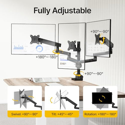 monTEK Triple Monitor Mount for 13"-27" Screens, Max 19.8 lbs Each Arm | Heavy Duty Aluminum Full Motion 3 Monitor Desk Stand, Height Adjustable Swivel Tilt Bracket, Clamp & Grommet Mounting