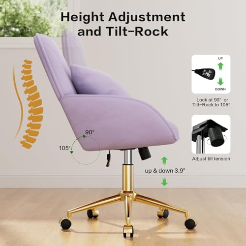 Home Office Desk Chair Comfy with Adjustable Swivel Wheels, Modern Velvet Makeup Vanity Chair with Back & Pillow, Ergonomic Office Chair Computer Task Chair for Living Room, Bedroom, Purple - color: Purple