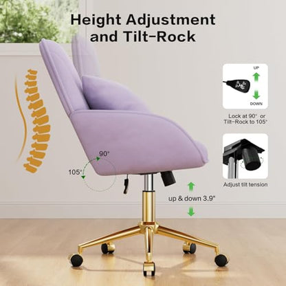 Home Office Desk Chair Comfy with Adjustable Swivel Wheels, Modern Velvet Makeup Vanity Chair with Back & Pillow, Ergonomic Office Chair Computer Task Chair for Living Room, Bedroom, Purple - color: Purple