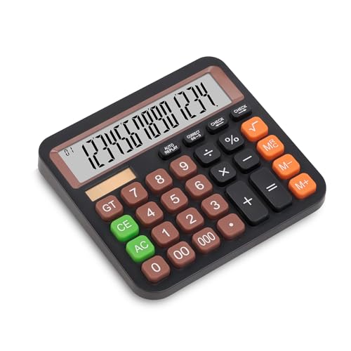 Standard Desktop Calculator, Dual Power (Solar & AA Battery), 14-Digit Large Display, Multifunctional Office Calculator (Black)