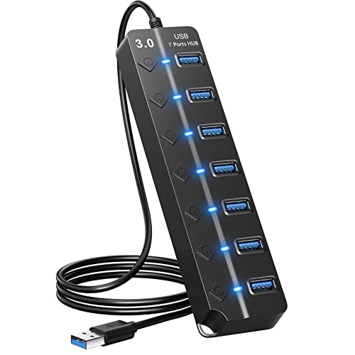 USB Hub 7 Port, USB Splitter with Individual On/Off Switches and Lights. - color: Black