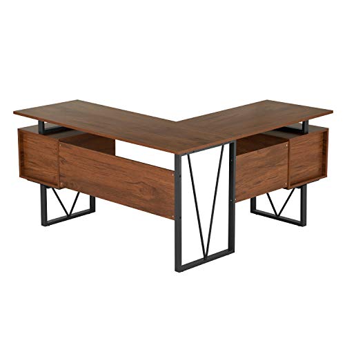 Techni Mobili Reversible L-Shaped Computer Desk with File Cabinet, Brown