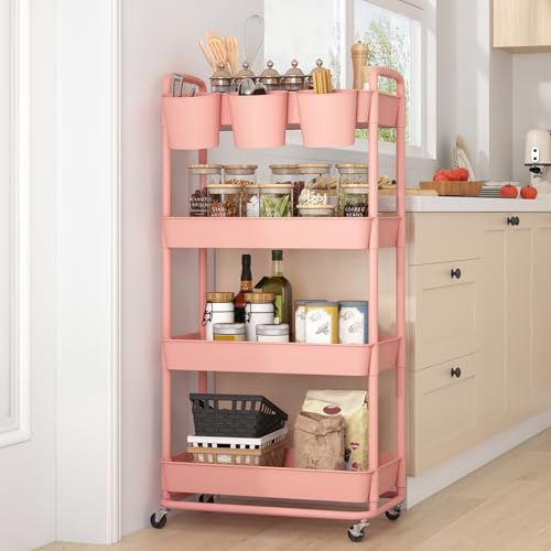 4-Tier Plastic Rolling Storage Cart Utility Cart with Extra Hanging Cups Handles Lockable Wheels for Living Room Bathroom Kitchen Office Pink | Utility Cart with Extra Hanging Cups Arc-Shaped Handles Lockable Wheels for Living Room Bathroom Kitchen Office