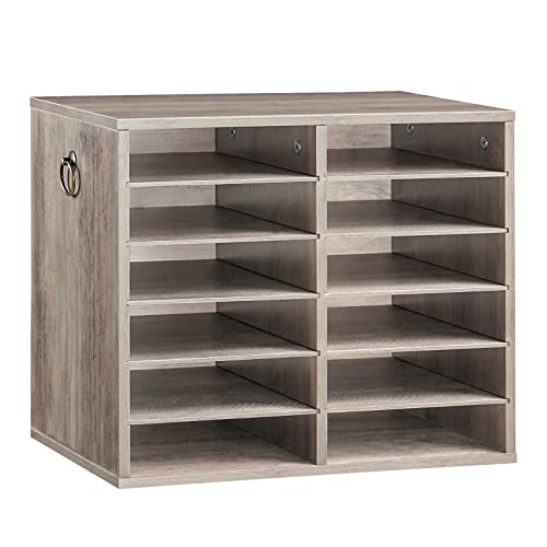 HOOBRO Literature Organizers, 12 Compartments Office Mailbox with Adjustable Shelves, Wood Countertop Literature Sorter for Office, Home, Classroom, Mailrooms Organization Greige BG12WF01 - color: Greige, size: 18.9"L
