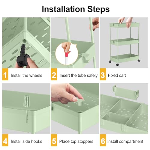 SPACELEAD 3 Tier Rolling Cart with Wheels, Storage Craft Art Trolley Organizer Serving, 3 Hanging Baskets Easy Assembly, for Office, Living Room, Kitchen, Green - color: Green