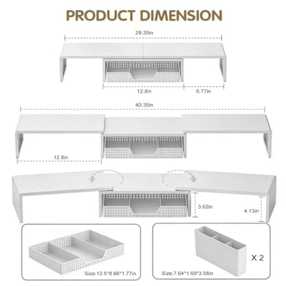 LEKETREE Dual Monitor Stand Riser with Drawer and 2 Pen Holders, White - color: White