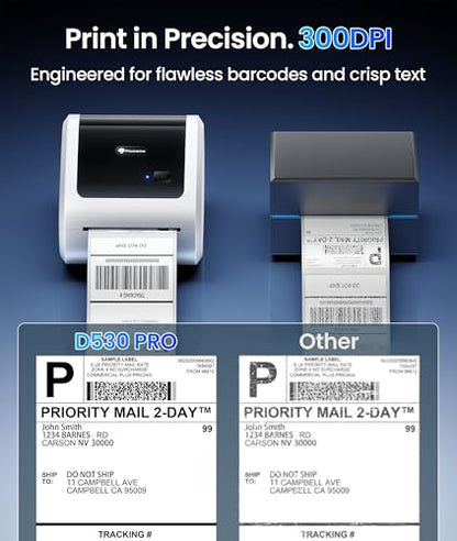 Phomemo 4x6 Shipping Label Printer 300DPI with 500 Labels | D530Pro Ethernet Label Printer，Bluetooth and USB Connection, Built-in Paper Bin, for Small Business, Online Sellers - color: White