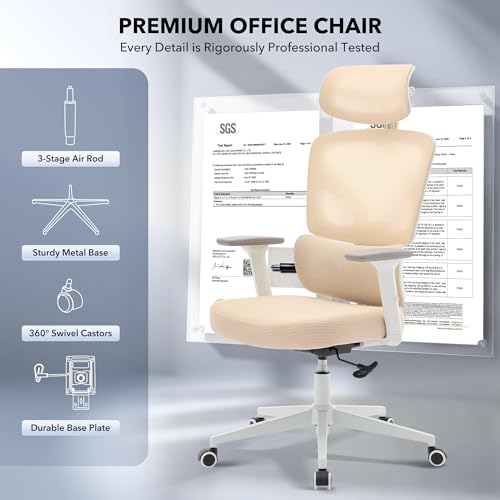 Ergonomic Office Chair Mesh – Adjustable Lumbar 3D Armrests High-Back Desk - color: Beige-p1