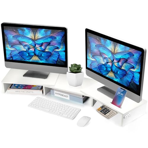 La Jaco Dual Monitor Stand Riser for 2 Monitors, Monitor Stand for Desk, Adjustable Length & Swivel Angle Wooden Desktop Organizer Stand Riser with Smartphone Holder for PC Monitor Laptop, White
