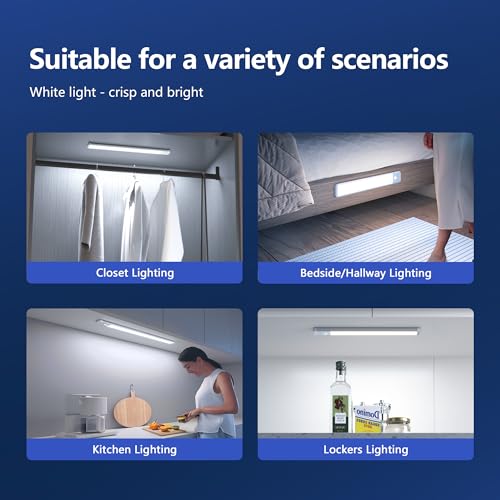 Rechargeable Under Cabinet Lighting, Motion Sensor Wireless LED Cabinet Light with 2500mAh Battery & USB-C Fast Charging, Magnetic Closet Light for Kitchen, Pantry, Stairs, Hallway, 2 Pack