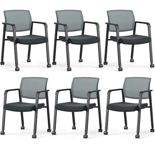 Tangkula Rolling Conference Room Chairs Set of 6, Stackable Office Guest Mesh Chairs with Armrests and Wheels, Ideal for Waiting Room Office, School, Lobby (Grey) - color: Grey, size: Set of 6