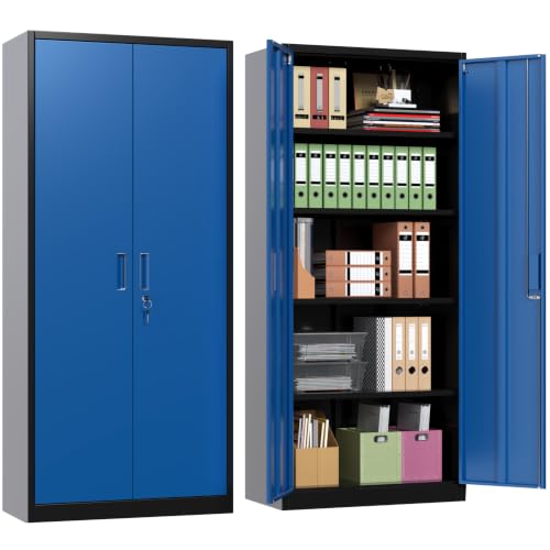 71" H Metal Garage Storage Cabinet,Lockable Steel Storage Cabinet with 4 Adjustable Shelves,Assembly Required, Warehouse,Office,Home, Black&Blue - color: Black/Blue, size: 15.75" × 31.50" W × 70.87" H.