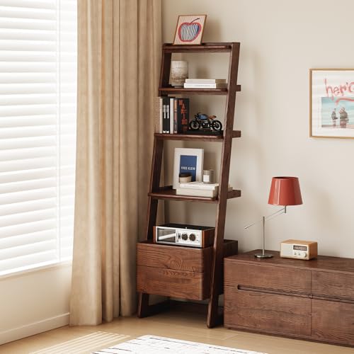 100% Solid Wood 5 Tier Ladder Shelf, Narrow Ladder Bookshelf with Drawers, 63.78" Tall Wood Bookcase Storage Rack Organizer, Freestanding Storage Shelve for Living Room Bedroom - color: Walnut Color, size: 5 Tier with Cabinet (63.78" H)