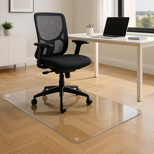 VASUHOME Heavy-Duty Tempered Glass Chair Mat, 31 x 48 Inch Large Office Floor Mat for Carpet or Hardwood Floors, 1/5" Thick with 12 Anti-Slip Pads - size: 31" x 48" w/o Lip