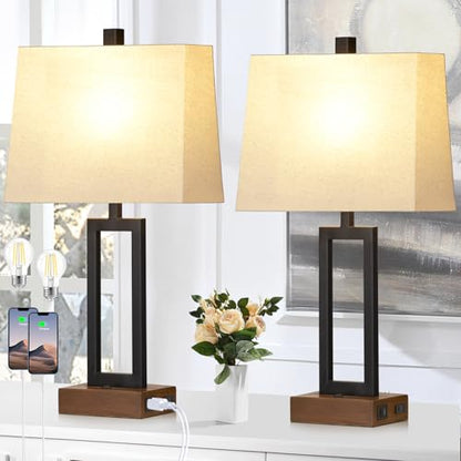 Lolikit Table Lamp for Bedroom Set of 2 with 2 USB Ports and AC Power Outlet, 23.5" Modern Bedside Lamp, Wood Nightstand Lamp with Linen Shade for Living Room Hotel Desk(LED Bulb Included) - color: Black