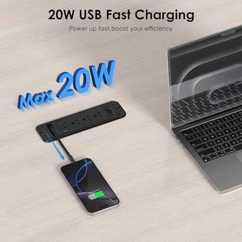 Recessed Power Strip with 60cm Retractable USB C Cable, Flush Mount | Furniture Drawer Outlet kit insert in (4) 20W USB & (3) 15 Amp AC Outlets, Hidden Charging Station for Desktop - color: Black