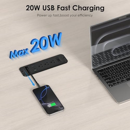 Recessed Power Strip with 60cm Retractable USB C Cable, Flush Mount | Furniture Drawer Outlet kit insert in (4) 20W USB & (3) 15 Amp AC Outlets, Hidden Charging Station for Desktop - color: Black