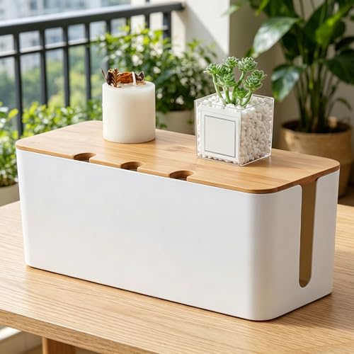 Bamboo Lid Cable Management Box, Plastic Wire Organizer with Holes, Desktop Cable Organizer for Power Strip, Charger, Data Cables, Multiple Colors Available,Elegant White - color: Elegant White