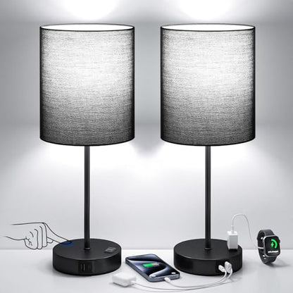 17.6" Black Touch Lamps for Bedroom Set of 2 - Dimmable, USB C+A, AC Outlet | Large 17.6" Tall Lamp, 3-Way Dimming, 5000K Daylight Bulbs, Black Lampshade Black Base, for Living Room, Boys, Men, Girls - color: Black