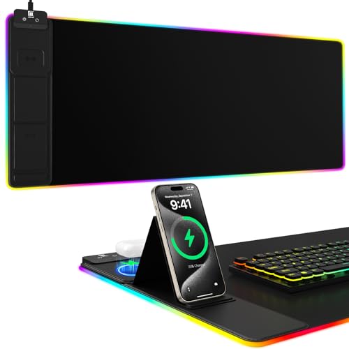 Wireless Charging RGB Mouse Pad with Phone Stand, Large Gaming Desk Mat - color: Black - 31.5x15.8" No Adapter